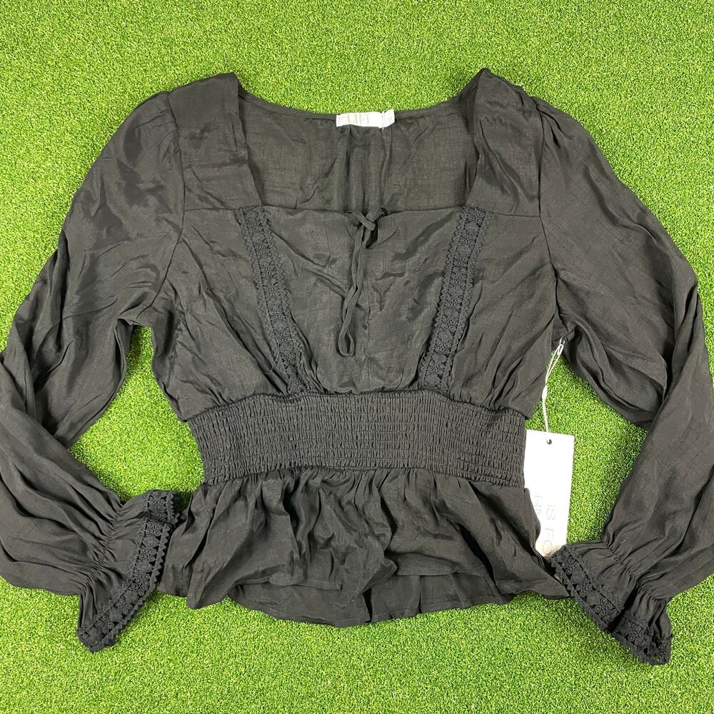 Life NWT Black Long Sleeve Smocked Peplum Blouse Sz XL